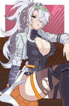 +_+ 1girl belt breasts chaos_zero_nightmare cleavage couch earrings eyewear_on_head feet_out_of_frame fingerless_gloves gloves hair_intakes hair_over_one_eye high_ponytail highres jacket jaxelev jewelry large_breasts legs leotard nine_(chaos_zero_nightmare) on_couch open_clothes open_jacket partially_unzipped ponytail star-shaped_pupils star_(symbol) star_earrings sunglasses symbol-shaped_pupils thigh_strap thighhighs thighs torn_clothes torn_thighhighs waist_cape white_hair wrist_cuffs zipper