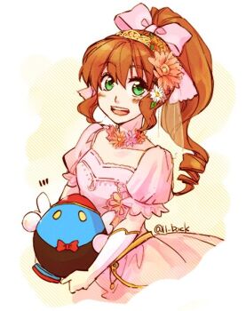 1girl bobot breasts brown_hair dress flower gloves green_eyes hair_flower hair_ornament long_hair looking_at_viewer minazuki_kurisu open_mouth ponytail precis_neumann robot smile star_ocean star_ocean:_anamnesis star_ocean_the_second_story