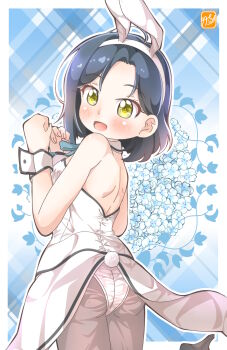 1girl animal_ears black_hair black_shoes blue_background blush commentary_request gochuumon_wa_usagi_desu_ka? hat high_heels highres leotard mate_rin open_mouth pantyhose playboy_bunny rabbit_ears rabbit_tail shoes solo tail takecho white_leotard wrist_cuffs yellow_eyes