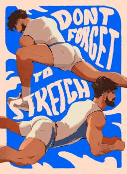 1boy absurdres ass beard black_hair commentary english_commentary english_text facial_hair highres looking_to_the_side lunge male_focus marvel marvel_rivals multicolored_hair muscular muscular_male nj_(diar0za) reed_richards shorts stretching tank_top white_hair white_shorts white_tank_top yoga