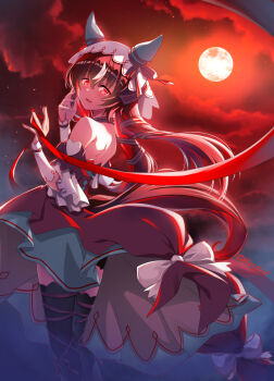 Rule 34 | 1girl, animal ears, bare shoulders, black thighhighs, blush, bow, breasts, brown hair, cloud, commentary, detached sleeves, dress, ear covers, ear ribbon, full moon, hair between eyes, hair ornament, heart, highres, horse ears, horse girl, horse tail, long hair, looking at viewer, moon, open mouth, red eyes, red ribbon, ribbon, shinohara shinome, sky, small breasts, smile, solo, still in love (scarlet vow raiment) (umamusume), still in love (umamusume), tail, thighhighs, umamusume, veil, white bow, white streaks, white veil