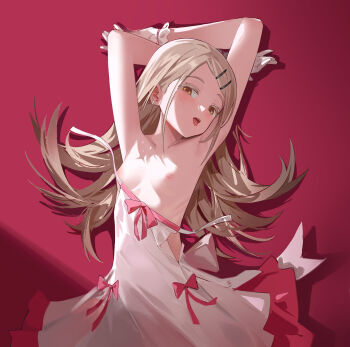 1girl armpits arms_behind_head arms_up blonde_hair blush breasts breasts_out colored_eyelashes cosplay dress gakuen_idolmaster hair_ornament hairclip highres idolmaster ke'ai_qu_qu loli long_hair looking_at_viewer nipples off_shoulder open_mouth orange_eyes oshino_shinobu oshino_shinobu_(cosplay) shinosawa_hiro solo tongue tongue_out white_dress