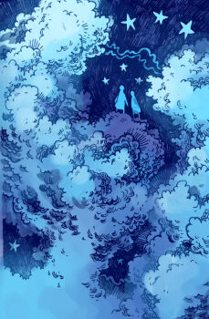 absurdres blue_background blue_clouds blue_sky blue_theme cloud cloud_focus cloudy_sky commentary cumulonimbus_cloud english_commentary fantasy hatching_(texture) highres maria_capelle_frantz monochrome nature night on_cloud original outdoors scenery silhouette sky standing star_(sky) star_(symbol) starry_sky