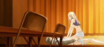 Rule 34 | 1boy, 1girl, ass, blonde hair, blush, bottomless, breasts, brown eyes, brown hair, censored, closed eyes, clothes lift, couple, cowgirl position, date wingfield reiko, fault!!, girl on top, hetero, highres, large breasts, long hair, lying, no bra, no panties, penis, sex, shirt, shirt lift, short hair, sideboob, sleeveless, smile, stitched, straddling, third-party edit, vaginal