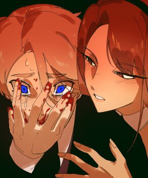 1boy 1girl black_jacket blonde_hair blood blood_on_face blood_on_hands blue_eyes blush brown_eyes brown_hair claire_(par0llel) clenched_teeth crying crying_with_eyes_open elliot_(par0llel) hairband hand_on_another&#039;s_face highres jacket looking_at_another original par0llel parted_lips shirt sweatdrop tears teeth upper_body white_shirt wide-eyed