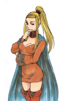 1girl black_thighhighs blonde_hair blue_cape boots breasts brown_boots brown_dress brown_eyes cape choker cleavage dress expressionless final_fantasy final_fantasy_tactics hand_on_own_face kikimimi_612 long_hair medium_breasts ponytail solo thighhighs upper_body valmafra_lenande white_background