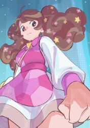 Rule 34 | 1girl, 3ii10 10, ahoge, animal bag, apron, bag, bee (bee and puppycat), bee and puppycat, blue background, brooch, brown eyes, brown hair, clenched hand, closed mouth, collar, collared dress, cowboy shot, dress, flower, from below, hair flower, hair ornament, highres, jewelry, light particles, light smile, long hair, long sleeves, looking at viewer, pink apron, pink collar, pink flower, pink pupils, polka dot, polka dot background, short dress, shoulder bag, simple background, solo, star-shaped pupils, star (symbol), star hair ornament, symbol-shaped pupils, triangle hair ornament, twintails, white dress, white sleeves, yellow bag, yellow gemstone