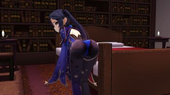 1girl 3d artist_request ass bed bent_over breasts detached_sleeves elbow_gloves embarrassed from_behind genshin_impact gloves green_eyes highres huge_ass jewelry leaning leaning_forward leotard long_hair looking_at_viewer looking_back mona_(genshin_impact) pantyhose purple_hair solo thighlet twintails very_long_hair