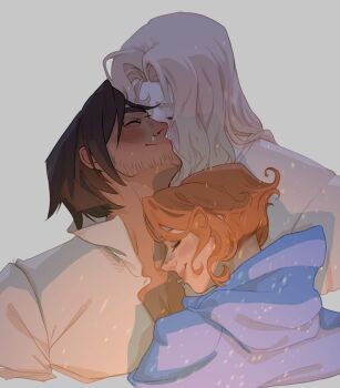 alucard_(castlevania) artadventureg beard_stubble black_hair blonde_hair blue_capelet blush capelet castlevania_(series) closed_eyes collared_shirt facial_hair group_sex highres hood hood_down hooded_capelet long_hair mmf_threesome orange_hair parted_bangs shirt short_hair smile stubble sypha_belnades threesome trevor_c._belmont upper_body white_shirt