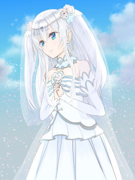 1girl absurdres blue_eyes bridal_veil bride celia_claire commentary_request detached_collar detached_sleeves dress gem grey_hair haion_runa hair_between_eyes highres layered_dress long_hair long_sidelocks off-shoulder_dress off_shoulder pearl_(gemstone) praying seirei_gensouki sidelocks two_side_up veil very_long_hair very_long_sidelocks wedding_dress worried