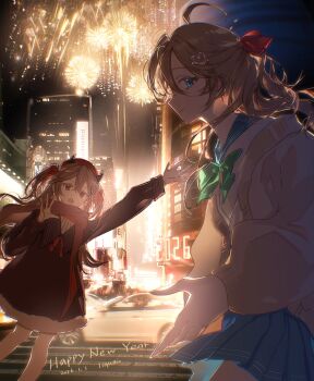 2girls aerial_fireworks ahoge alternate_costume aqua_bow aqua_bowtie black_dress blue_eyes blue_sailor_collar blue_skirt bow bowtie broken_heart broken_heart_hair_ornament brown_hair building car cardigan city closed_mouth commentary cowboy_shot dated demon_horns dress english_commentary evil_neuro-sama fang fireworks floating_hair foreshortening fur-trimmed_dress fur_trim hair_between_eyes hair_ornament hair_ribbon happy_new_year hat heart heart_hair_ornament highres horns liquain long_hair long_sleeves looking_at_viewer miniskirt motor_vehicle multiple_girls neck_ribbon neuro-sama new_year night off-shoulder_cardigan open_mouth outstretched_arm pantyhose pleated_skirt profile puritan_collar reaching reaching_towards_viewer red_eyes red_hat red_ribbon red_scarf ribbon road road_sign sailor_collar scarf siblings sign single_hair_intake sisters skirt skyscraper smile street twins two_side_up vedal_ai virtual_youtuber white_pantyhose winter_clothes yellow_cardigan
