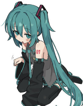 1girl aqua_eyes aqua_hair aqua_necktie bare_shoulders between_legs black_boots black_skirt blush boots commentary detached_sleeves fusazakura grey_shirt hair_between_eyes hand_between_legs hatsune_miku highres long_hair looking_at_viewer motion_lines necktie number_tattoo open_mouth pleated_skirt shirt shoulder_tattoo simple_background sitting skirt sleeveless sleeveless_shirt solo tattoo thigh_boots twintails vocaloid wariza white_background