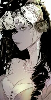 1girl bare_shoulders black_flower black_hair black_rose breasts cleavage dress flower gyujik_qzc hair_flower hair_ornament highres isolde_(reverse:1999) jewel_under_eye lace_veil long_hair looking_at_viewer medium_breasts muted_color off-shoulder_dress off_shoulder parted_lips portrait purple_dress purple_eyes reverse:1999 rose solo