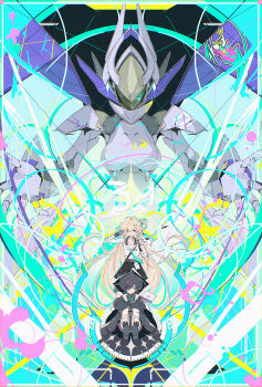 2girls absurdres black_hair black_jacket black_skirt blonde_hair colorful_background commentary_request dee_(fire2332) dual_persona highres holding holding_spray_can hyvatia_(wuthering_waves) id_card jacket lawless_zone_mercenary_(wuthering_waves) long_hair lynae_(wuthering_waves) multiple_girls shirt sitting skirt spray_can standing very_long_hair white_shirt wide_shot wuthering_waves