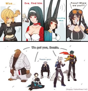 >_< 5boys 5girls animal_ears asaba_harumasa astra_yao asymmetrical_gloves barefoot bear_boy bear_ears ben_bigger black_hair black_jacket black_pants black_shirt blonde_hair body_armor breasts brown_fur comically_large_ears dorahdew english_text evelyn_chevalier faceless furry furry_male gauntlets gloves goggles goggles_on_head grace_howard grey_hair hair_between_eyes hairband happy headband highres hime_cut hoshimi_miyabi jacket jewelry large_breasts lighter_(zenless_zone_zero) luciana_de_montefio meme mismatched_gloves motion_lines multiple_boys multiple_girls necklace necktie nervous_sweating pants pearl_necklace ponytail red_eyes red_scarf red_shrug salute scarf seth_lowell shirt shrug_(clothing) single_gauntlet sitting sunglasses sweat tool_belt valentine white_shirt wise_(zenless_zone_zero) yellow_headband zenless_zone_zero
