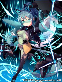 1girl animal_ear_headphones animal_ears black_boots black_jacket blue_eyes blue_hair boots cropped_jacket fake_animal_ears gloves headphones highres inumiya_rara jacket leotard long_hair looking_at_viewer lukyyuki open_mouth ponytail solo teeth thigh_boots upper_teeth_only white_gloves white_leotard wixoss wixoss_diva(a)live wolf_ears