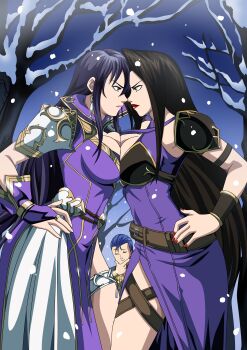1boy 2girls absurdres armlet armor ayra_(fire_emblem) ayra_(supreme_astra)_(fire_emblem) bare_tree belt bracer breast_press breastplate breasts cleavage closed_eyes commentary commission commissioner_upload dress earrings english_commentary eye_contact face-to-face fire_emblem fire_emblem:_genealogy_of_the_holy_war fire_emblem_heroes forehead-to-forehead glaring gloves hands_on_own_hips heads_together highres jewelry lamia_(fire_emblem) lex_(fire_emblem) lipstick long_hair looking_at_another makeup multiple_girls nail_polish nintendo noses_touching outdoors rs40uchiha serious shoulder_armor sleeveless smile snow snowing symmetrical_docking thighlet thighs thinking tree