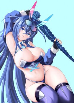 1girl azur_lane bare_shoulders blue_eyes blue_hair blue_panties blue_thighhighs breasts cleavage eyewear_on_head fingerless_gloves gloves hair_between_eyes hair_ornament hashtag-only_commentary highres huge_breasts large_breasts long_hair looking_at_viewer navel necktie new_jersey_(azur_lane) new_jersey_(black_blur_prelude)_(azur_lane) official_alternate_costume panties simple_background smile solo teaoe thighhighs thighs tongue tongue_out underwear very_long_hair