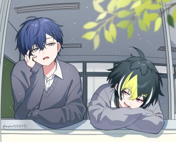 2boys crossed_bangs grey_eyes hair_between_eyes head_rest inami_rai koyanagi_rou male_focus multicolored_hair multiple_boys nana72710193 nijisanji open_mouth red_eyes shirt short_hair smile teeth tongue twitter_username virtual_youtuber white_shirt white_streaks window