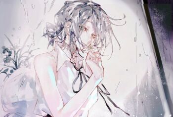1girl ayi15181 bare_arms bare_shoulders black_ribbon blue_hair chainsaw_man choker collared_shirt daisy_(flower) flower from_side green_eyes highres holding holding_flower looking_at_viewer neck_ribbon rain reze_(chainsaw_man) ribbon shirt sideways_glance sleeveless sleeveless_shirt smile solo unkempt updo upper_body vase white_flower