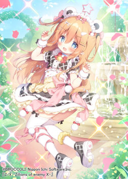 Rule 34 | 1girl, :d, animal ears, apron, bear ears, bear girl, bear tail, bell, black dress, black shoes, blue eyes, blush, bow, bowtie, checkered clothes, checkered dress, claw pose, commentary request, dress, frilled dress, frilled sleeves, frills, full body, hair between eyes, hands up, long hair, looking at viewer, maid, maid headdress, momozu komamochi, neck bell, official art, open mouth, orange hair, pointy ears, red bow, red bowtie, shoes, short sleeves, smile, solo, sparkle, tail, thighhighs, two side up, white thighhighs, wrist cuffs, x-micamo, yellow apron, z/x