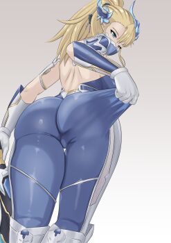 Rule 34 | 1girl, ass, blonde hair, bodystocking pull, bodysuit, breasts, brown dust (series), brown dust 2, cameltoe, character request, from behind, from below, gloves, grey background, highres, horns, impossible bodysuit, impossible clothes, large breasts, long hair, mask, meme, mouth mask, ppoips, propips, ragnarok sinmara, simple background, solo, taimanin (series), taimanin suit, white gloves, wilhelmina (brown dust), wilhelmina stretch (meme)