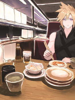 1boy absurdres blonde_hair blue_eyes booth_seating bowl chewing chopsticks cloud_strife cup eating eyelashes final_fantasy final_fantasy_vii final_fantasy_vii:_advent_children food highres holding holding_chopsticks ice indoors looking_at_viewer lurowono male_focus plate pov_across_table restaurant short_hair sitting sushi table