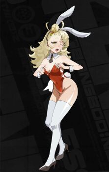 absurdres adjusting_clothes animal_costume black_background black_shoes blonde_hair breasts collar curvy green_eyes hair_between_eyes hair_bun hairband high_heels highres leaning_forward loli mihoyo navel necktie one_eye_closed piper_wheel playboy_bunny rabbit_costume rabbit_ears rabbit_tail shoes short_eyebrows simple_background small_breasts text_background thighhighs thighs zenless_zone_zero