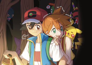 ! !! 1boy 1girl ariados artist_request ash_ketchum asymmetrical_hair backpack bag bare_arms baseball_cap black_hair blue_jacket blush brown_eyes caterpie clothes_grab eyelashes forest gen_1_pokemon gen_2_pokemon gengar green_eyes hair_between_eyes hat heart hiding highres holding holding_lantern jacket lantern misdreavus misty_(pokemon) nature nintendo open_mouth orange_hair outdoors pikachu pokemon pokemon_(anime) pokemon_journeys ponytail scared shirt short_hair short_sleeves shorts side_ponytail sleeve_grab sleeveless sleeveless_jacket sleeveless_shirt source_request speech_bubble spoken_heart suspenders sweat t-shirt tongue tree trembling vest white_shirt yellow_shirt