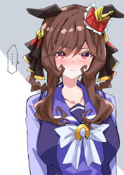 Rule 34 | ..., 1girl, animal ears, breasts, brown hair, closed mouth, collarbone, gentildonna (umamusume), hair between eyes, hair ornament, hair rings, horse ears, horse girl, large breasts, looking at viewer, nodachi (artist), portrait, red eyes, school uniform, simple background, solo, tearing up, translation request, umamusume, white background