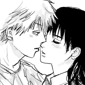 1boy 1girl blush chainsaw_man close-up closed_eyes collared_shirt denji_(chainsaw_man) greyscale hetero highres imminent_kiss long_hair mitaka_asa monochrome shirt short_hair sky8bow