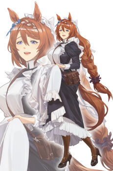 Rule 34 | 1girl, absurdres, ak8531848, alternate costume, animal ears, apron, bag, black dress, black pantyhose, blue eyes, blush, bow, braid, braided ponytail, breasts, brown hair, dress, ear bow, enmaided, hair between eyes, high heels, highres, horse ears, horse girl, horse tail, large breasts, long hair, long sleeves, maid, multicolored hair, open mouth, pantyhose, shoulder bag, simple background, smile, streaked hair, super creek (umamusume), tail, umamusume, veil, very long hair, white apron, white background, white hair, white veil, zoom layer