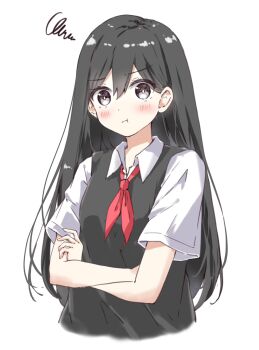 Rule 34 | 1girl, :t, bare arms, black eyes, black hair, black sweater vest, blush, breasts, closed mouth, collared shirt, commentary request, cropped torso, crossed arms, double-parted bangs, hair behind ear, hair between eyes, highres, joshik anknice, long hair, mari (faraway) (omori), mari (omori), omori, shirt, short sleeves, simple background, small breasts, solo, squiggle, straight hair, sweater vest, tareme, v-shaped eyebrows, very long hair, white background, white shirt, wide-eyed