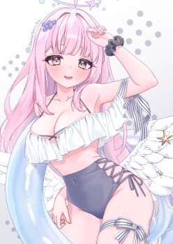 1girl alternate_costume bikini black_scrunchie blue_archive blush breasts cleavage collarbone commentary_request feathered_wings fingernails halo hand_up highres innertube isanatori large_breasts long_hair looking_at_viewer low_wings mika_(blue_archive) parted_lips pink_hair pink_halo scrunchie solo swim_ring swimsuit thigh_strap twitter_username very_long_hair white_wings wings yellow_eyes