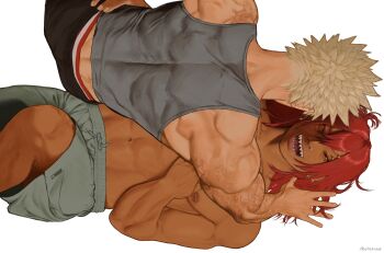 2boys abs alternate_hair_length alternate_hairstyle alternate_skin_color back_peek bakugou_katsuki biceps blonde_hair boku_no_hero_academia commentary dark-skinned_male dark_nipples dark_skin darkened_skin earrings english_commentary eyebrow_piercing face_piercing grey_shorts grey_tank_top hand_on_another's_hip highres jewelry kirishima_eijiro knee_up looking_at_another lying male_focus male_underwear male_underwear_peek medium_hair multiple_boys multiple_earrings multiple_scars muscular muscular_male navel nipple_piercing nipples on_back piercing pocketraat red_eyes red_hair scar scar_on_arm scar_on_back scar_on_shoulder sharp_teeth short_hair shorts simple_background smile spike_piercing spiked_hair stud_earrings tank_top teeth toned toned_male topless_male underwear white_background yaoi