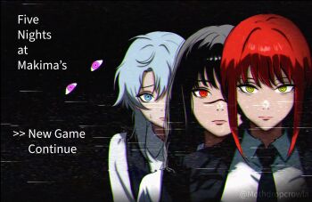 4girls absurdres black_coat black_dress black_hair black_necktie blue_eyes chainsaw_man closed_mouth coat collared_shirt dress english_text fami_(chainsaw_man) famine_devil_(chainsaw_man) five_nights_at_freddy&#039;s fourth_east_high_school_uniform grey_hair highres long_hair looking_at_viewer makima_(chainsaw_man) medium_hair mothdropcrowla multiple_girls necktie pinafore_dress purple_eyes red_eyes red_hair ringed_eyes scar scar_on_face scar_on_nose school_uniform shirt sidelocks sleeveless sleeveless_dress sweatdrop vhs_artifacts white_shirt yellow_eyes yoru_(chainsaw_man)