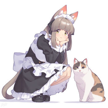 1girl absurdres animal_ear_fluff animal_ears apron arukiru blush breasts brown_hair cat cat_girl cat_tail commentary_request frilled_apron frills head_on_hands highres large_breasts light_smile long_hair looking_at_viewer maid maid_headdress original simple_background solo squatting tail yellow_eyes