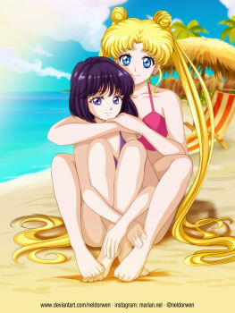 2girls adult_swim bare_legs barefoot beach bikini bishoujo_senshi_sailor_moon bishoujo_senshi_sailor_moon_r bishoujo_senshi_sailor_moon_r:_the_movie bishoujo_senshi_sailor_moon_s bishoujo_senshi_sailor_moon_s_the_movie:_kaguya-hime_no_koibito bishoujo_senshi_sailor_moon_supers bishoujo_senshi_sailor_moon_supers_the_movie:_sailor_9_senshi_shuuketsu!_black_dream_hole_no_kiseki black_hair blonde_hair blue_eyes blue_sky multiple_girls neldorwen ocean pin_up purple_eyes sky swimsuit toei_company tomoe_hotaru toonami tsukino_usagi viz_media