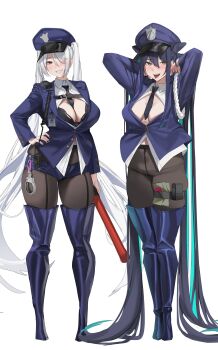2girls :q absurdres aqua_hair baton_(weapon) black_hair black_pantyhose blush breasts cinderella_(nikke) cleavage clothing_cutout colored_inner_hair cuffs female_service_cap gloves goddess_of_victory:_nikke gong_dol_hong hair_intakes hair_over_one_eye half-closed_eyes handcuffs hat highres large_breasts little_mermaid_(nikke) long_hair long_sleeves looking_at_viewer multicolored_hair multiple_girls naughty_face navel no_pants one_eye_covered panties panties_under_pantyhose pantyhose police police_badge police_hat police_uniform policeman policewoman red_eyes seductive_smile smile tongue tongue_out twintails underwear very_long_hair weapon white_hair yellow_eyes