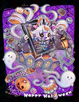 1girl :d animal_ear_fluff animal_ears asymmetrical_footwear asymmetrical_legwear black_boots black_border black_pantyhose black_shirt blue_skirt blunt_bangs blush boots border colored_tongue commentary dated fang food fox_ears fox_girl frilled_sleeves frills full_body ghost grey_hair grid_background hands_up happy_halloween holding holding_lantern lantern long_hair long_sleeves looking_at_viewer macaron mismatched_footwear mismatched_legwear mochimura_sorata multicolored_hair multicolored_skirt open_mouth orange_eyes orange_hair orange_pantyhose orange_skirt original outline outside_border pantyhose purple_background purple_pantyhose purple_tongue shirt shoes signature skirt smile solo streaked_hair striped_clothes striped_pantyhose two-tone_hair watermark white_outline white_shoes wide_sleeves