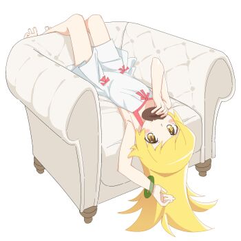 1girl absurdres armpits blonde_hair blush_stickers bracelet couch donut dress eating food highres holding holding_donut holding_food jewelry legs_up long_hair looking_at_viewer lying monogatari_(series) on_back oshino_shinobu pink_ribbon ri-el ribbon solo white_background white_dress yellow_eyes