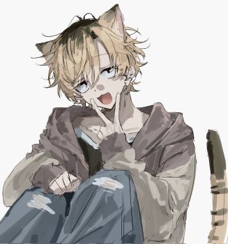 1boy animal_ears black_eyes black_shirt blonde_hair brown_jacket cat_boy cat_ears cat_tail commentary_request denim ear_piercing earrings grey_pants hair_between_eyes highres hood hood_down hooded_jacket jacket jeans jewelry kemonomimi_mode long_sleeves looking_at_viewer male_focus multicolored_hair open_mouth original pants parted_bangs piercing roots_(hair) sanpaku shirt short_hair simple_background sini_user sketch solo tail torn_clothes torn_jeans torn_pants v v_over_mouth white_background
