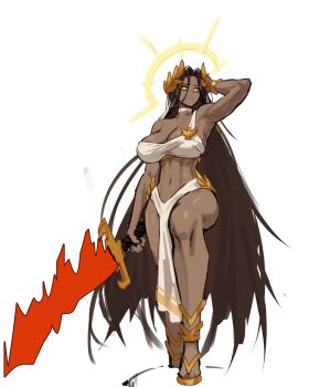 1girl breasts brown_hair choker cleavage commentary dark-skinned_female dark_skin emperor_of_mankind english_commentary genderswap genderswap_(mtf) halo head_wreath highres holding holding_sword holding_weapon large_breasts laurel_crown long_hair navel podobrick sandals simple_background solo stomach sword toned toned_female very_long_hair warhammer_40k weapon white_background white_choker white_loincloth yellow_eyes yellow_halo yellow_sandals