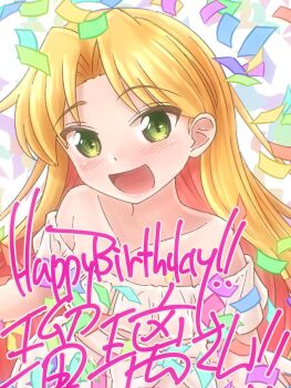 Rule 34 | 1girl, blonde hair, blush, dress, green eyes, happy, happy birthday, highres, long hair, looking at viewer, oekaki lemon, open mouth, ruri no houseki, smile, solo, tanigawa ruri, upper body