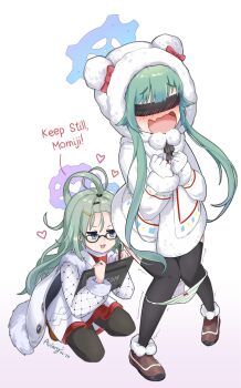 2girls absurdres aviary black_thighhighs blindfold blue_archive blue_eyes blue_halo blush bow bow_panties brown_footwear coat commentary drawing_tablet english_text eromanga_sensei fur-trimmed_footwear fur-trimmed_sleeves fur_trim glasses gloves green_hair green_panties halo highres loli long_hair long_sleeves meru_(blue_archive) momiji_(blue_archive) multiple_girls nose_blush open_mouth panties panty_pull scene_reference shoes sidelocks simple_background speech_bubble striped_clothes striped_panties thighhighs underwear wavy_mouth white_background white_coat white_gloves winter_clothes winter_coat