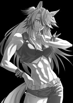 1girl abs absurdres animal_ears belt black_background bracelet breasts closed_mouth commentary contrapposto finger_to_mouth greyscale hand_on_own_hip highres horse_ears horse_girl horse_tail jewelry light_smile long_hair looking_at_viewer monochrome multicolored_hair navel obey_your_master_(umamusume) one_eye_closed senchan_7 short_shorts shorts shushing simple_background solo star-shaped_pupils star_(symbol) symbol-only_commentary symbol-shaped_pupils tail torn_clothes torn_shorts two-tone_hair umamusume umamusume:_cinderella_gray