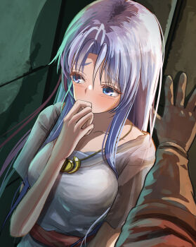 1boy 1girl adol_christin ancient_ys_vanished blue_eyes blue_hair blush breasts brown_gloves commentary_request covering_own_mouth curtained_hair dress embarrassed feena_(ys) gloves highres kabedon kuro68k long_hair long_sleeves medium_breasts parted_bangs pov pov_hand short_sleeves white_dress ys