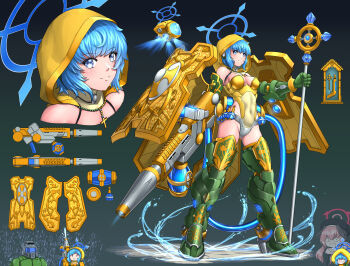 1boy 2girls adapted_costume aged_up android angel annoyed aqua_halo arm_cannon armor armored_boots assault_rifle blue_eyes blue_hair blue_halo bodysuit boots brooch chibi chibi_inset cleavage_cutout clothing_cutout cross cross_necklace crossover crucifix cyborg doom_(2016) doom_(series) doom_eternal doomguy drone glowing gold green_armor gun halo halo_behind_head handgun happy highres holding holding_staff holy_hand_grenade holy_water hood huge_weapon humanization jewelry joints koharu_(blue_archive) luce_(jubilee_2025) mechanical_arms mechanical_legs medallion multiple_girls necklace open_mouth original personification rifle robot robot_girl robot_joints science_fiction shield shield_module short_hair sig_sg550 smile spiked_halo staff substance20 water water_cannon water_gun weapon