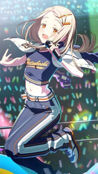 1girl absurdres audience belt gakuen_idolmaster groin highres idolmaster midriff music navel official_art pants shinosawa_hiro shoes singing smile sneakers source_request sweat sweatdrop tagme