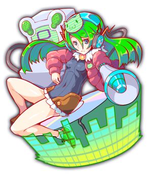 1girl :3 anime_coloring aqua_eyes artist_request badge bare_legs black_dress blunt_ends breasts brown_footwear button_badge buttons cable cat_hair_ornament cat_ornament cd closed_mouth collar covered_navel crash_fever dress frilled_dress frills frown full_body fur_collar game_cg gold_buttons green_hair hair_between_eyes hair_ornament headphones holding holding_megaphone jacket krie_(crash_fever) lightning_bolt_ornament long_hair looking_at_viewer medium_breasts megaphone narrow_waist number_print numbered official_art outline padded_jacket pink_jacket pink_sleeves print_headphones red_outline screen short_dress skinny solo square square_print tachi-e television thighhighs third-party_source tight_clothes tight_dress transparent_background white_collar zettai_ryouiki